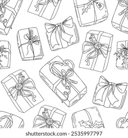 Merry Christmas Happy New Year seamless pattern. Vector illustration doodles, thin line art sketch icons style concept. Hand drawing Christmas ornament. Christmas presents, gift boxes