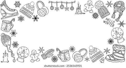 Merry Christmas and Happy New Year background in sketch style. Vector winter pattern illustration with isolated elements.
