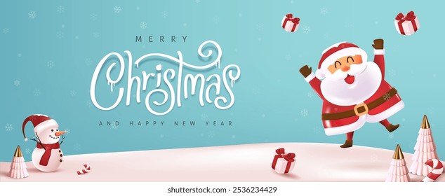 Merry christmas and happy new year greeting card with cute funny Santa Claus and Cute snowman standing in winter christmas landscape snow falling