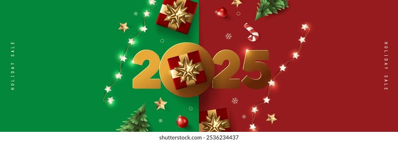 Frohe Weihnachten und guten Rutsch ins neue Jahr 2025 Grußkartenbanner mit festlicher Weihnachtsdekoration