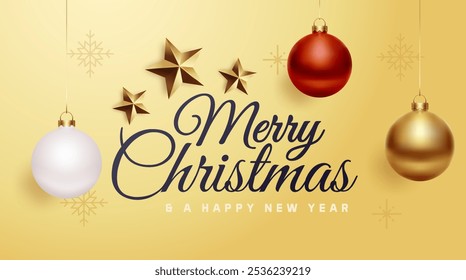 Merry Christmas and a Happy New Year greeting card banner. Hanging ornaments in red, white, gold and stars. Elegant festive holiday background vector design