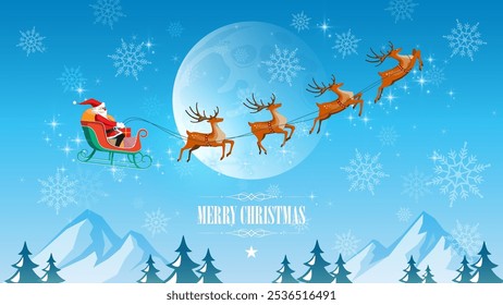 Feliz Navidades y feliz año Nuevo, Santa Claus conduce trineo con renos en el cielo de luna llena, estilo de dibujos animados planos, Ilustración vectorial