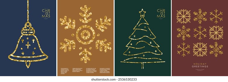 ¡Felices Navidades y Feliz Año Nuevo! 2025. Vector moderno abstracto lineal de oro minimalista ilustración de campana, copo de nieve, árbol de Navidad para tarjeta de felicitación, postal corporativa, cartel, volante, invita