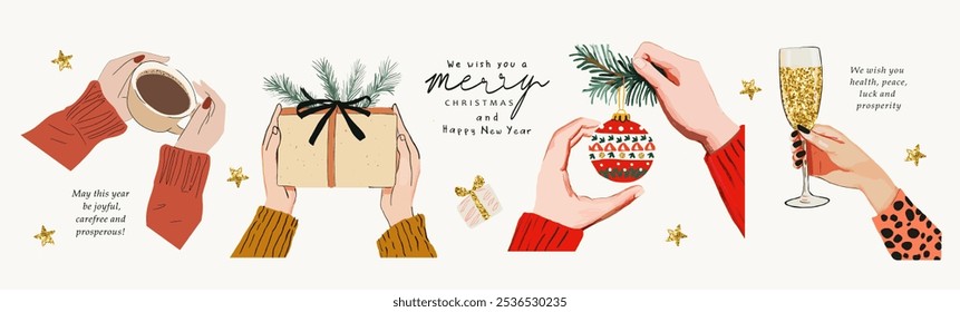 Merry Christmas and Happy New Year! 2025. Vector watercolor illustration of hand with champagne. toast, hands with New Year's ball, with box gift and coffee on white background for greeting card