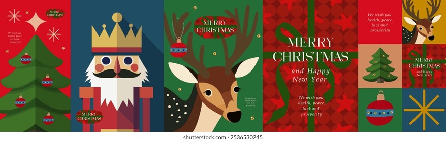 Merry Christmas and Happy New Year 2025. Vector abstract fairy tale illustration of Christmas tree, nutcracker, deer, gift box with ribbon for greeting card, poster, invitation, postcard or background