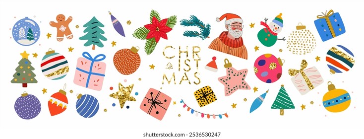 Merry Christmas and Happy New Year! 2025. Vector modern cute illustration of Christmas tree balls, toys, Christmas tree branch, poinsettia flower, gift, star, badge, gingerbread, icon, set of objects 