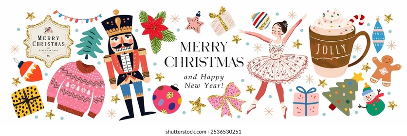 Merry Christmas and Happy New Year 2025. Vector fairy tale illustration of Christmas tree, nutcracker, ballerina, cup of coffee, gift, knitted sweater, toy, snowman. gingerbread, bow for greeting card