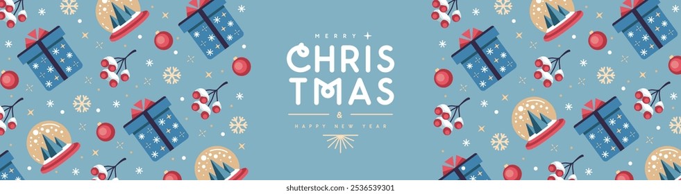 Merry Christmas and Happy New Year greeting banner with holiday attributes. Christmas background. Flat design. Vector illustration