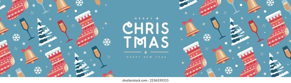 Fröhliche Weihnachten und Frohes Neues Jahr Grußbanner mit Feiertagsattributen. Weihnachtlicher Hintergrund. Flaches Design. Vektorgrafik