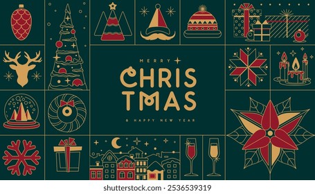 Merry Christmas and Happy New Year  line art greeting card, cover or poster with holiday attributes. Christmas background. Vector illustration