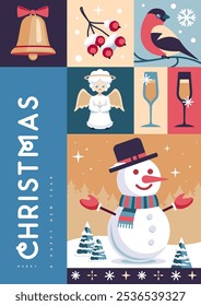 Merry Christmas and Happy New Year greeting card, cover or poster with holiday attributes. Christmas background. Flat design. Vector illustration