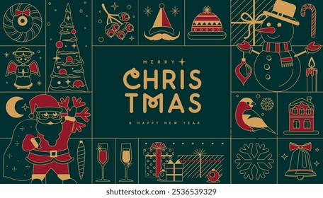 Merry Christmas and Happy New Year  line art greeting card, cover or poster with holiday attributes. Christmas background. Vector illustration