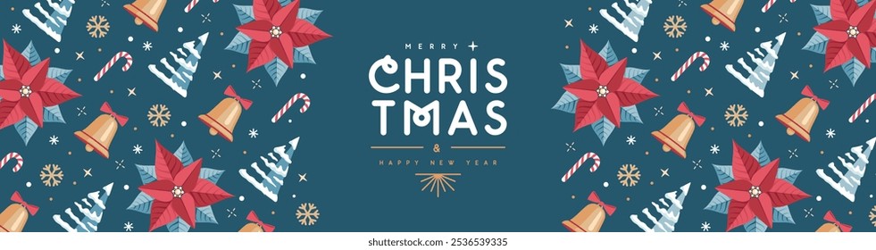 Merry Christmas and Happy New Year greeting banner with holiday attributes. Christmas background. Flat design. Vector illustration