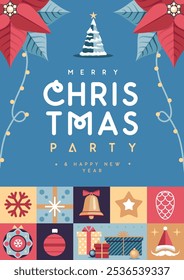 Merry Christmas and Happy New Year greeting card, cover or poster with holiday attributes. Christmas background. Flat design. Vector illustration
