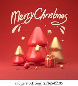 Merry Christmas and Happy New Year festive composition. Colorful Xmas background with realistic 3d trees and gift boxes. Vector illustration