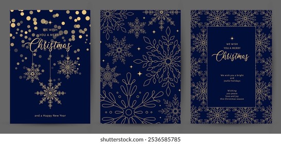 Feliz Natal e Feliz Ano Novo Conjunto de cartão de saudação, cartaz, capa. Ilustração de inverno com flocos de neve dourados na cor azul. Cartões de férias corporativos, convites