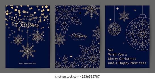 Merry Christmas and Happy New Year Set of greeting card, poster, cover. Winter illustration with gold snowflakes in blue color. Corporate Holiday cards, invitations