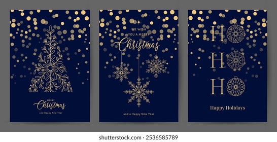 Feliz Navidades y feliz año Nuevo Conjunto de tarjeta de felicitación, cartel, cubierta. Ilustración de invierno con copos de nieve dorados en color azul. Corporativas tarjetas Festiva, invitaciones