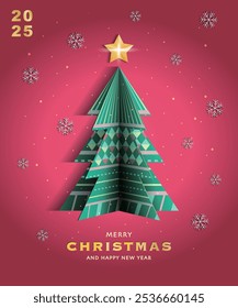 Merry Christmas and Happy New Year greeting card template set with paper cut-out Christmas trees on starry night background. Modern Trendy Christmas Card. Perfect for banner and festive decoration.