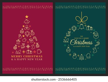 Feliz Navidades y un feliz diseño de tarjeta de año Nuevo. Árbol de navidad y corona o icono de bola de Navidad Póster, tarjeta de felicitación, Anuncio de Web o fondo en rojo y verde