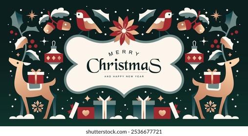 Merry Christmas and Happy New Year  background, banner, poster design with trendy flat style illustration.