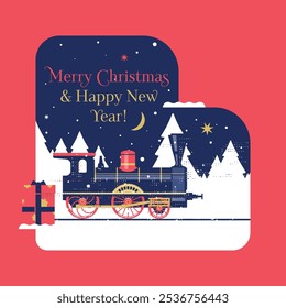 Merry Christmas and Happy New Year! A festive illustration. An old steam locomotive and a gift box on the background of a winter forest