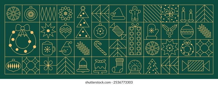 Feliz Natal e feliz ano novo fundo geométrico em estilo de linha. Padrão moderno com ícones de linha de ouro de Natal minimalista. Design elegante Xmas de luxo para banner, cartão, capa, cartaz.