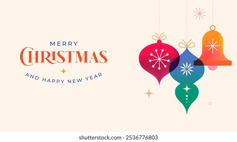 Felices Navidades y Feliz Año Nuevo. Fondo de Navidades de concepto con adornos y decoraciones de Navidad de gradiente colorido. Ilustración de estilo plano de Vector