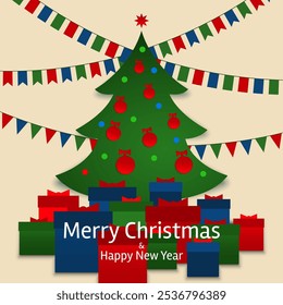 Merry christmas and happy new year greeting card, banner. Christmas tree, balls. Creative design for postcard, invitation, greeting card, wallpaper. Party event decoration, vector illustration