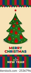 Merry christmas and happy new year greeting card, wallpaper. Christmas tree, balls. Creative design for postcard, invitation, greeting card, wallpaper. Party event decoration, vector illustration