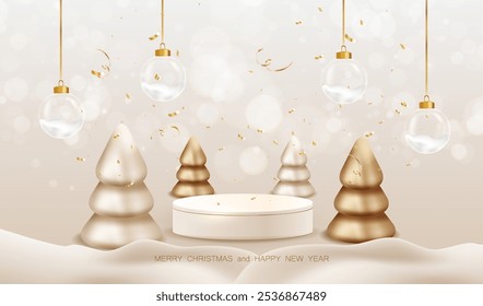 Merry Christmas and Happy New Year background with white cream podium, gold trees and snow globe glass balls. Holiday xmas white stage scene for display sale product vector.