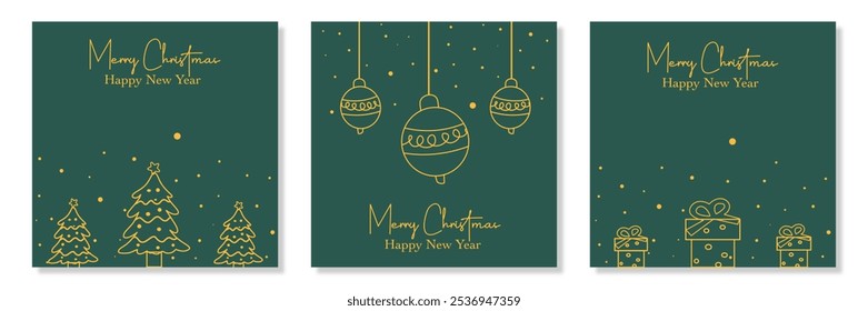 Merry Christmas, Happy New Year, holiday greeting card Set, modern xmas design with minimal art, typography,  tree and snow pattern illustration on green background for banner, poster, cover template
