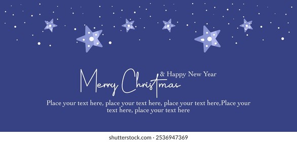Merry Christmas, Happy New Year, holiday greeting card, modern xmas design with minimal art, typography, star and snow pattern illustration on blue background for banner, poster, cover template