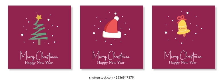 Merry Christmas, Happy New Year, holiday greeting card Set, modern xmas design with simple art, typography, tree and snow pattern illustration on red background for banner, poster, cover templates