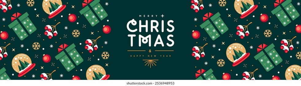 Merry Christmas and Happy New Year greeting banner with holiday attributes. Christmas background. Flat design. Vector illustration