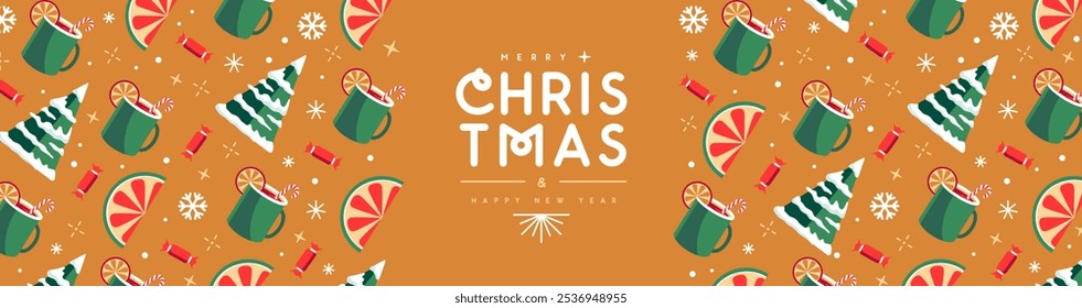 Merry Christmas and Happy New Year greeting banner with holiday attributes. Christmas background. Flat design. Vector illustration