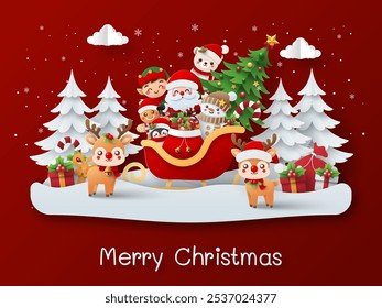 Merry Christmas and Happy New Year, A cheerful Christmas scene with Santa Claus in a sleigh surrounded by reindeer, elves, and a snowman on a snowy background with Christmas trees and presents.