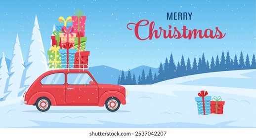 Feliz Natal ou cartão de felicitações de feliz ano novo em estilo cartoon. Paisagem nevada com montanhas e carro retro vermelho com caixas de presente. Plano de fundo de feriado, convite. Ilustração vetorial em estilo plano