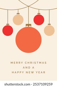 Merry Christmas and Happy New Year Greeting Card Vector Template. Christmas Card with Hanging Christmas Decorations. Modern Xmas Design Template for Greeting Card, Party Invitation, Poster, Background