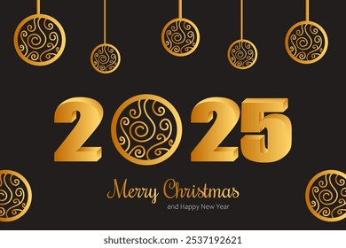 Merry Christmas and Happy New Year. Golden 2025 and New Year's toys balls. Greeting card, poster, banner. Holiday vector illustration