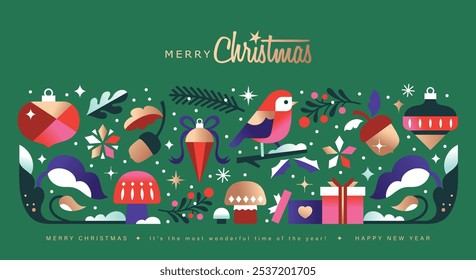 Merry Christmas and Happy New Year  background, banner, poster design with trendy flat style illustration.