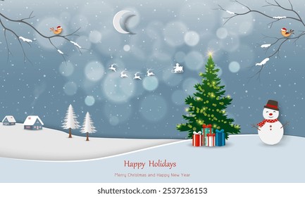 Merry Christmas and Happy new year background with Santa Claus coming to the village on winter night,vector illustration