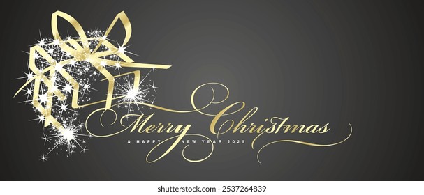 Merry Christmas and Happy New Year 2025 greeting card. Beautiful golden light elegant brush script calligraphy typography. Golden white glitter sparkle Christmas gift box