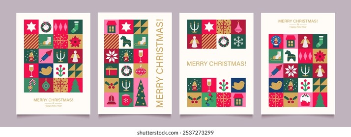 Feliz Navidades y feliz año Nuevo colección de tarjetas de felicitación, carteles, fondos de vacaciones. Elementos geométricos minimalistas. Invitación moderna de la fiesta de Navidad. Ilustración vectorial.
