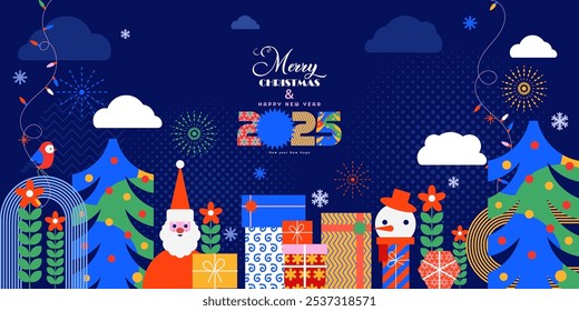 Feliz Natal e Feliz Ano Novo 2025 Fundo em estilo geométrico minimalista moderno. para venda banner, flyer, soncept na moda, ilustração vetorial