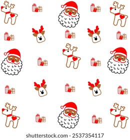 Merry Christmas and Happy New Year. Cute minimalist style illustration collection. Santa, gift boxes, holiday decoration background, fabric pattern and toys. Vector design.