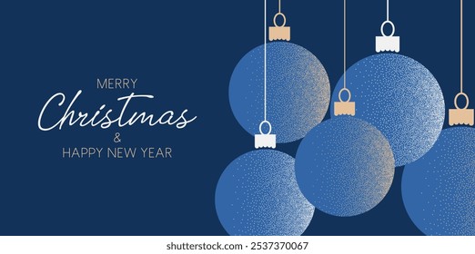 Merry Christmas and Happy new year card with snowflakes and decoration hanging balls (xmas bauble) with trendy stippled grain effect. Vector illustration
