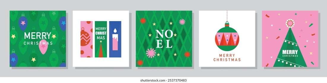 Merry Christmas and Happy New Year Set of greeting card, poster, holiday cover. Cute Xmas design,season greetings,Vector illustrations.
