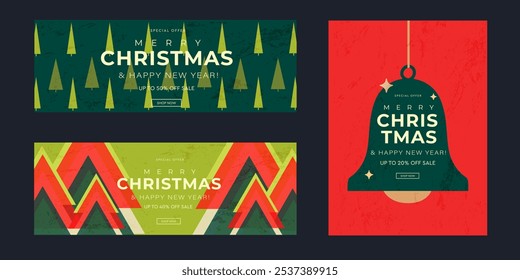 Merry Christmas and Happy New Year 2025 Sale Card. Abstract 3D Background Patterns for Advertising, Web, Social Media, Posters, Banners, Covers. Offering 20%-50% Discount. Vector Illustration.