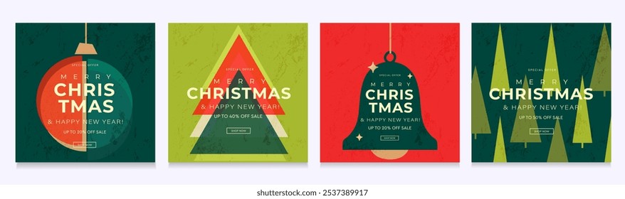 Merry Christmas and Happy New Year 2025 Sale Card. Abstract 3D Background Patterns for Advertising, Web, Social Media, Posters, Banners, Covers. Offering 20%-50% Discount. Vector Illustration.